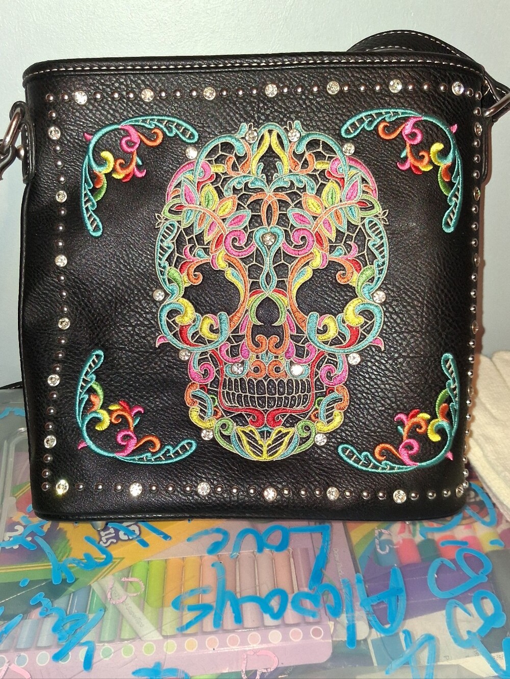 Black Leather Crossbody Bag with Multicolor Embroidered Sugar Skull